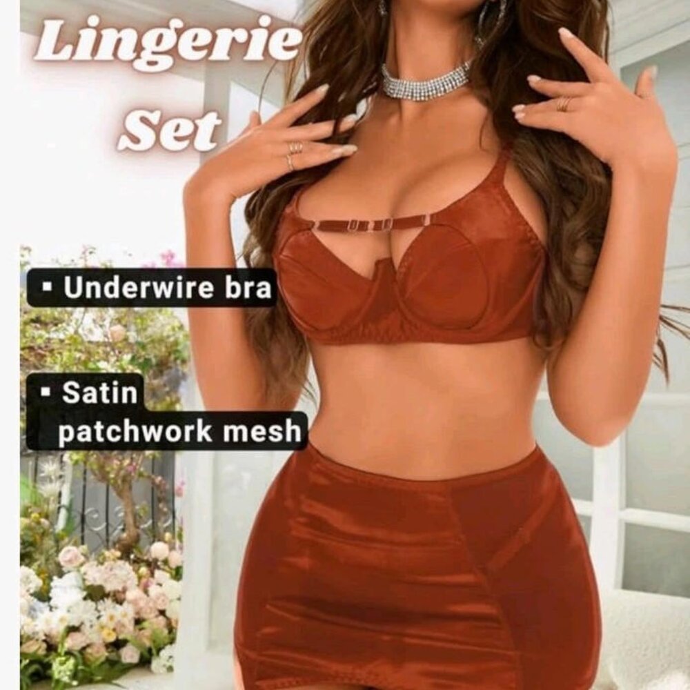 🐰🎉3pc Sexy Satin Mesh Lingerie Outfit Skirt w Garter Bra Thong Small